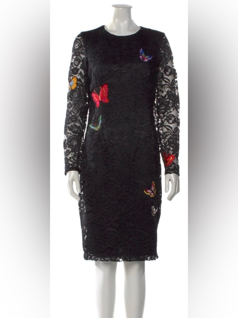 Nicole Miller Size 4 Black Lace Butterfly Applique Sheath Cocktail Dress Midi